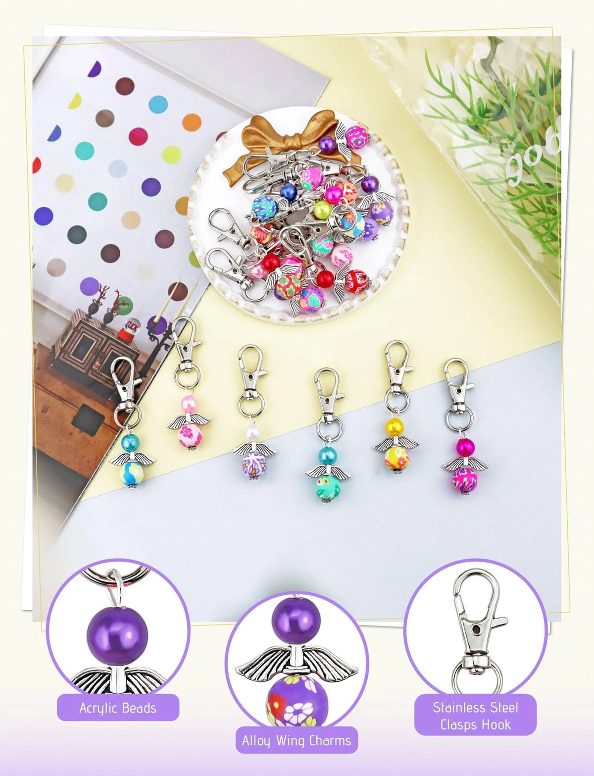 20 Pcs Angel Pearl Beads Pendant Keychain for Universal Use (Multi-Color)