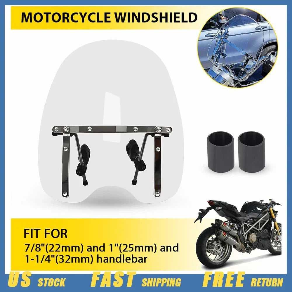 Clear Large Windshield for Motorcycle Universal Fit (7/8", 1", 1.25") 19"x17"