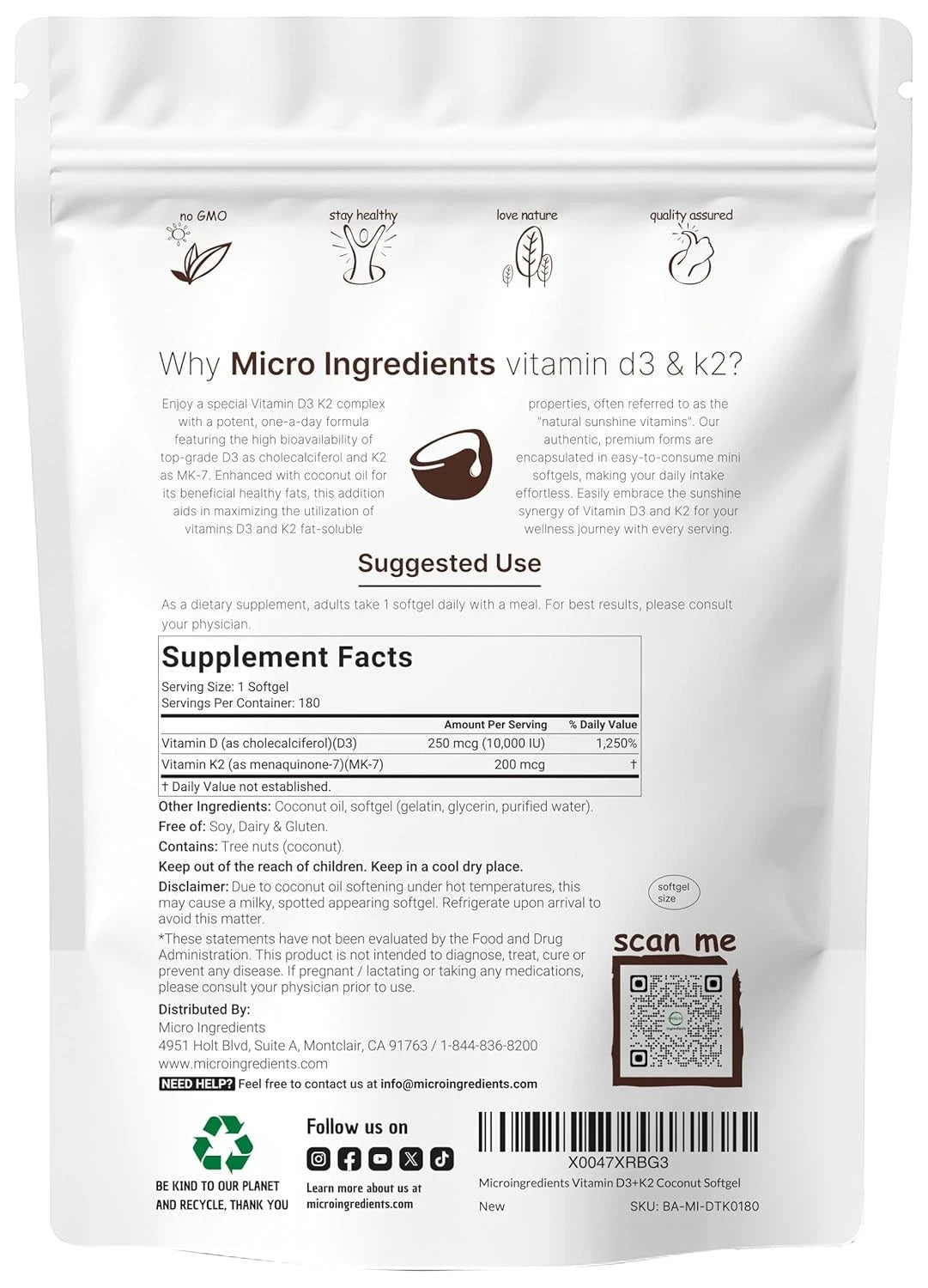 Vitamin D3 10,000 IU & K2 MK-7 200 mcg Softgels (180 Count)
