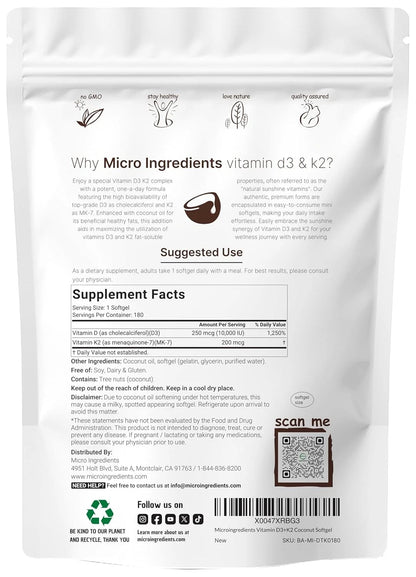 Vitamin D3 10,000 IU & K2 MK-7 200 mcg Softgels (180 Count)