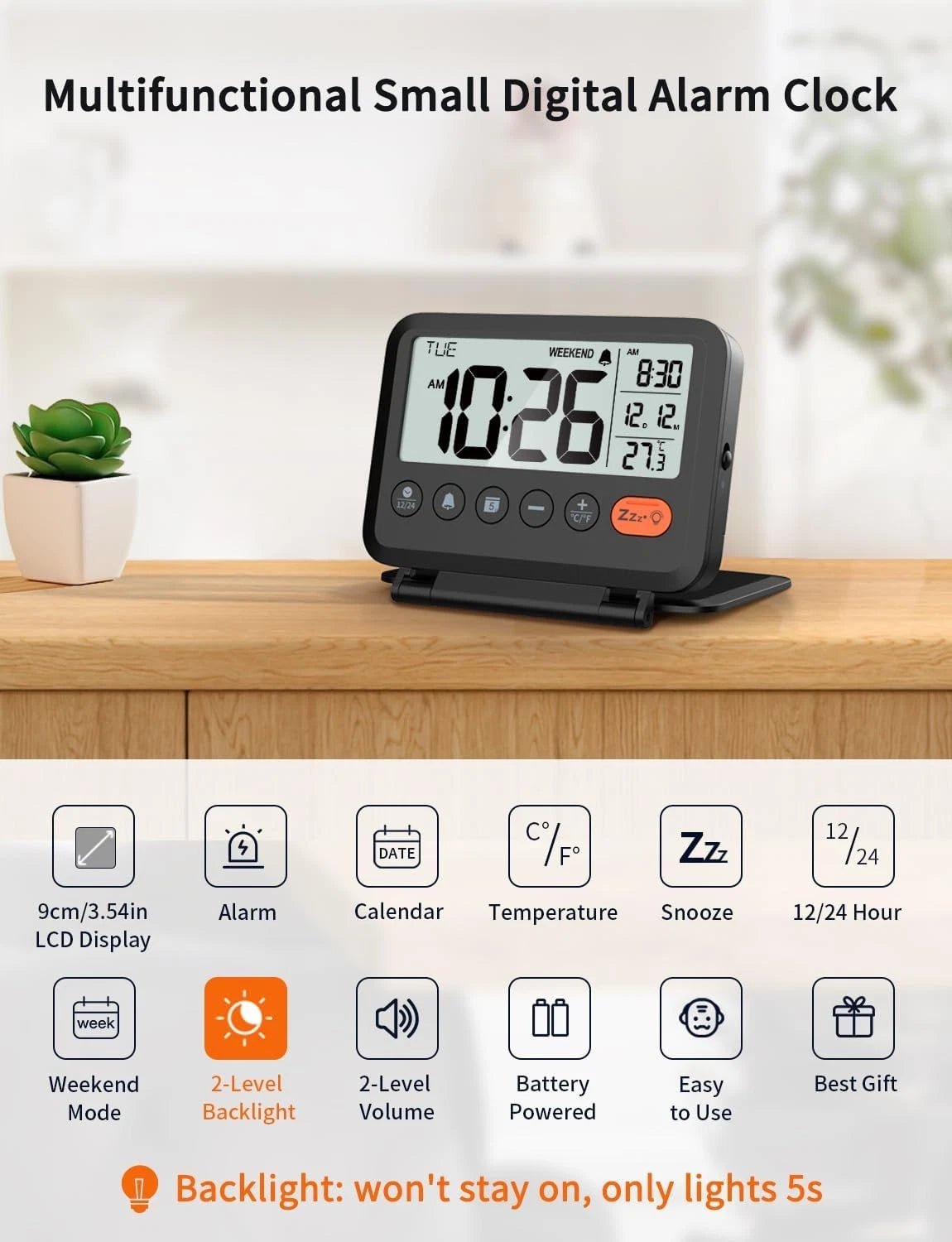 Digital Travel Alarm Clock with 3.54 Inch LCD Display - Set of 2