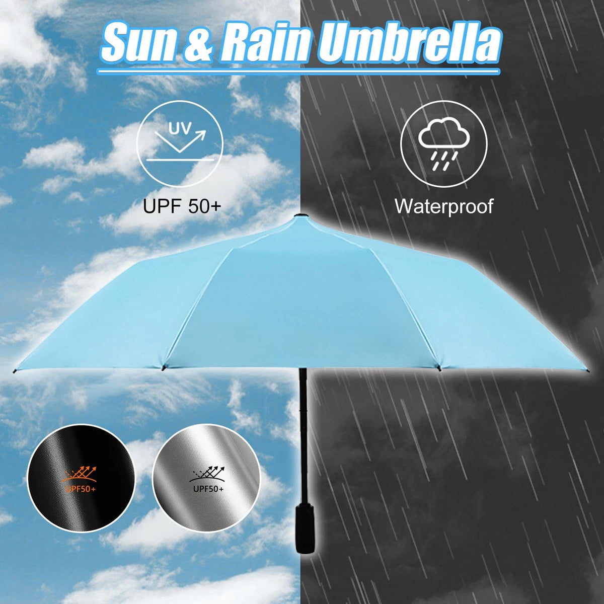 Portable Sun and Rain Umbrella with Cooling Fan, UPF 50+ Protection