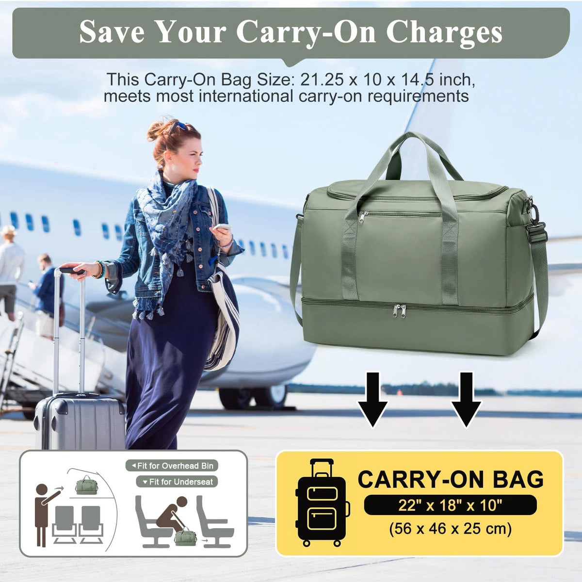 Extra Large Travel Duffle Bag for Carry-On Overnight (Olive Green)