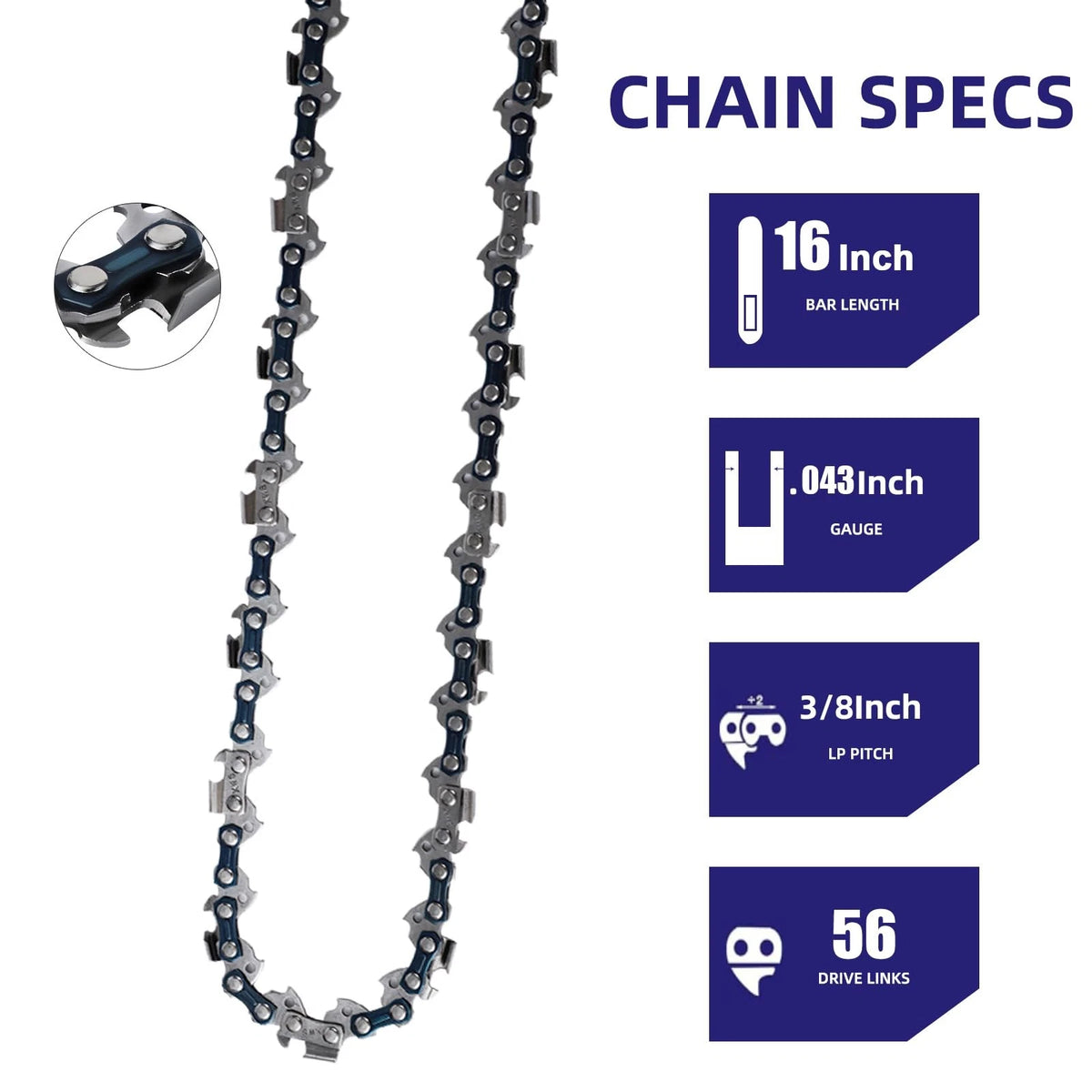 5 Pack 16 Inch Chainsaw Chain 56 Drive Links .043" Gauge 3/8" Pitch