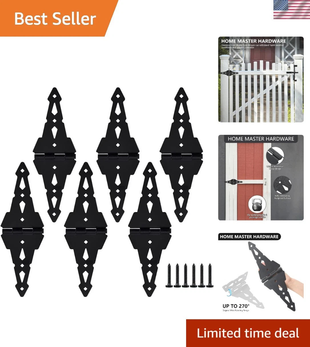 Set of 6 Heavy Duty 8-Inch Gate Hinges for Easy Install, Black Steel