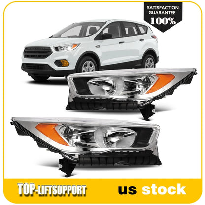 2Pcs Pair Front Headlights for Ford Escape (2017–2019) Chrome Amber