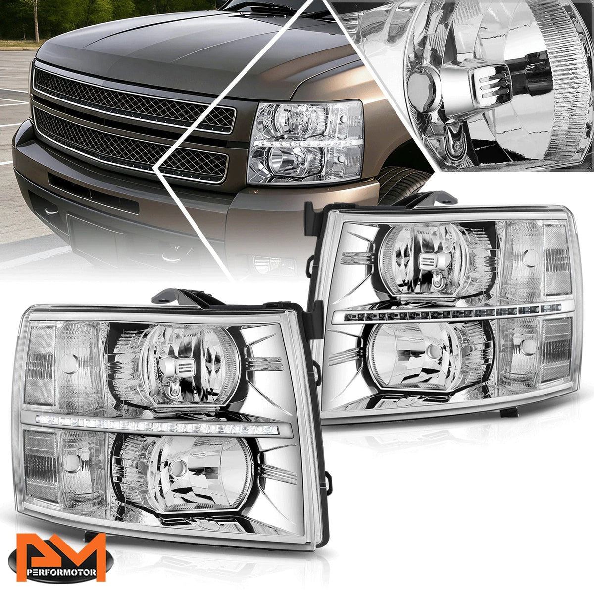 LED DRL Strip Headlight for Chevy Silverado (2007–2014) - Chrome Housing