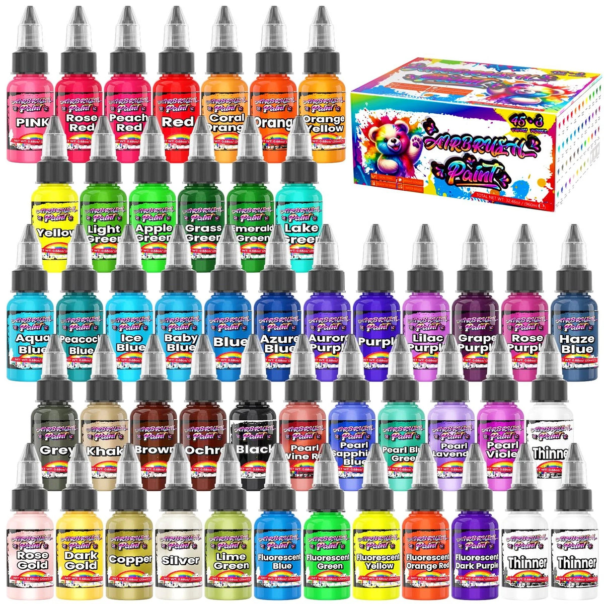 Airbrush Paint Set of 45 Colors for Painting (32 Fl Oz)