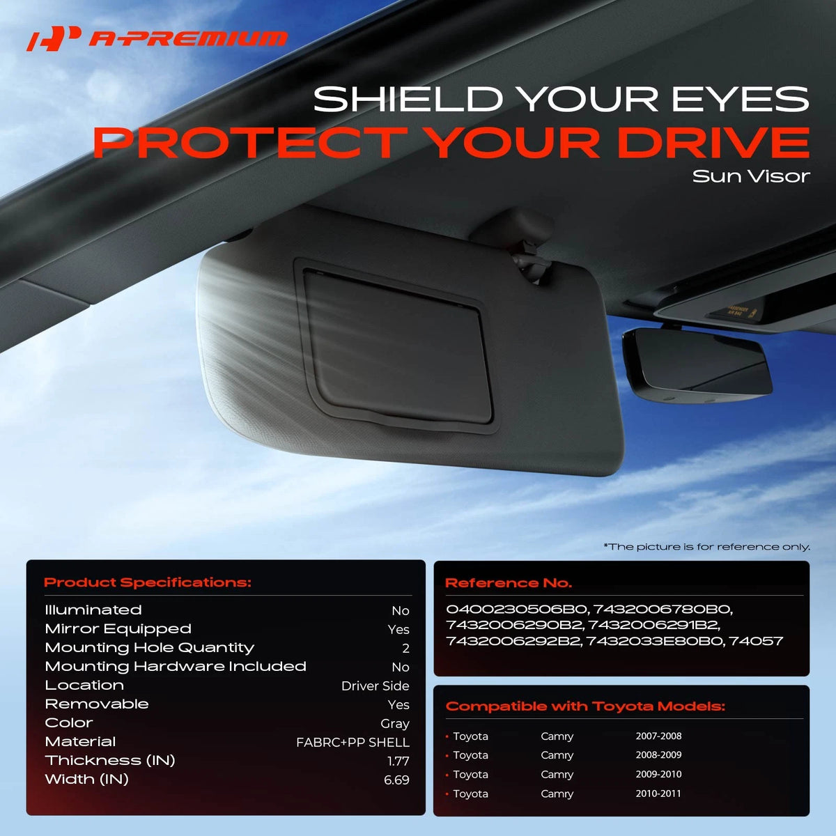 Sun Visor for Toyota Camry (2007–2011) - Gray, 7432006290B2, 7432006291B2, 7432006292B2