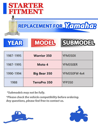 Starter for Yamaha Moto 4 350 YFM350 (1987–1995) with Relay & Key Switch