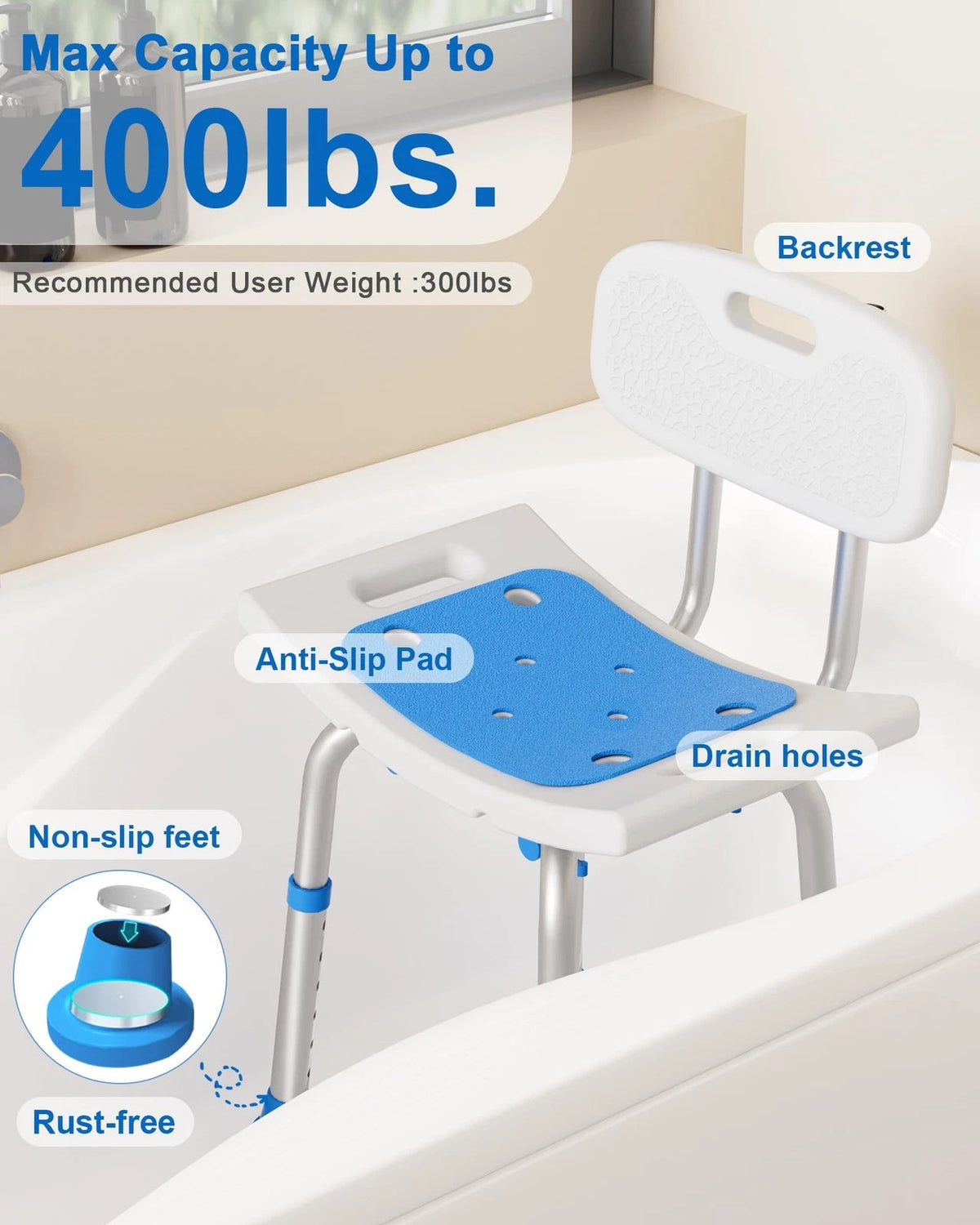 Shower Chair for Inside (400 lbs, Removable Back, White)
