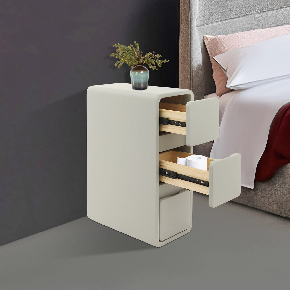 Narrow 3-Drawer Nightstand for Bedroom (Light Grey)