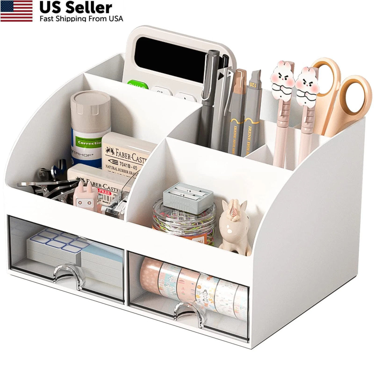 Desk Organizer with 6 Compartments and 2 Drawers for Home Office