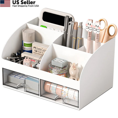 Desk Organizer with 6 Compartments and 2 Drawers for Home Office