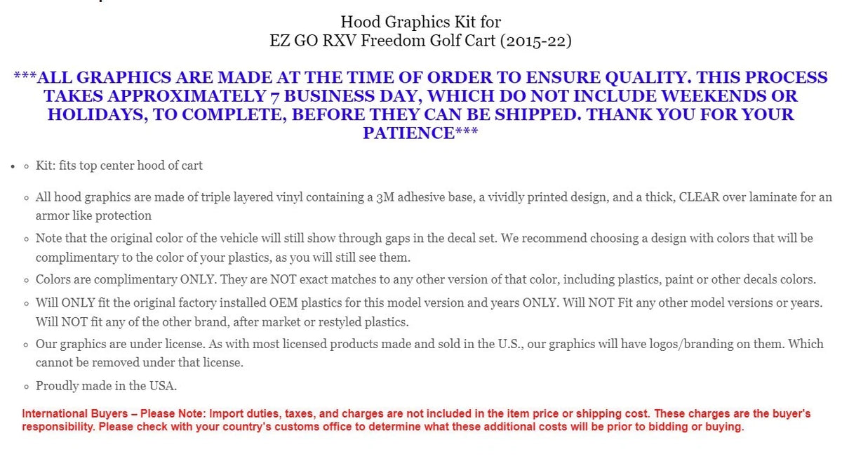 Hood Graphics Kit Sticker Decal for EZ Go Freedom RXV Golf Cart (2015–2022)