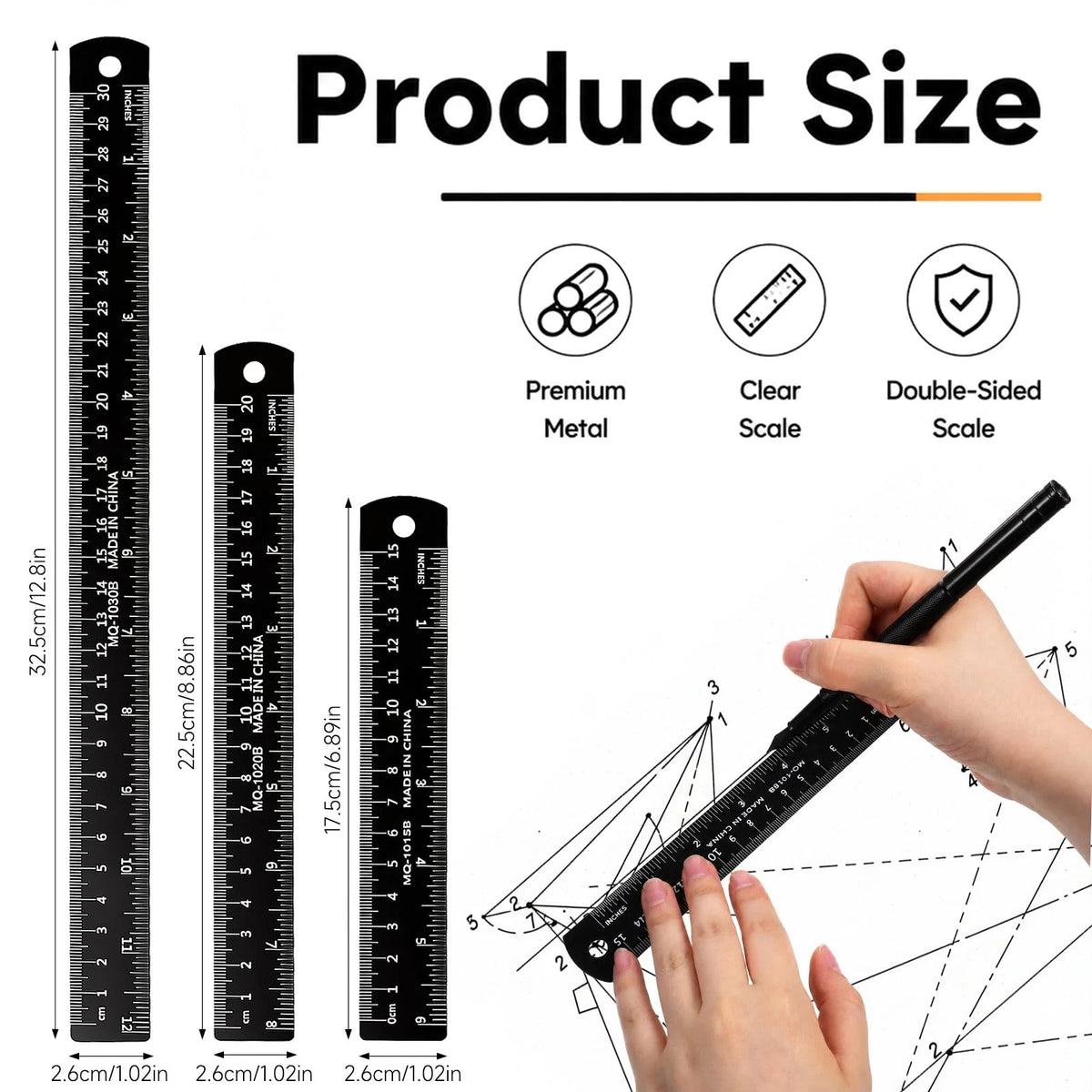 3-Pack Metal Ruler Set for (6, 8, 12 Inch)