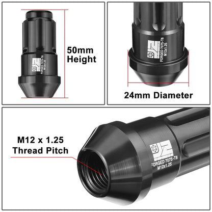 Set of 20 J2 Aluminum Black M12 X1.25 Closed End Lug Nuts 24mm OD 50mm Height