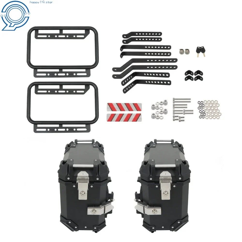 Set of 2 Aluminum Side Cases + 1 Top Case for Motorcycle (36L + 45L)