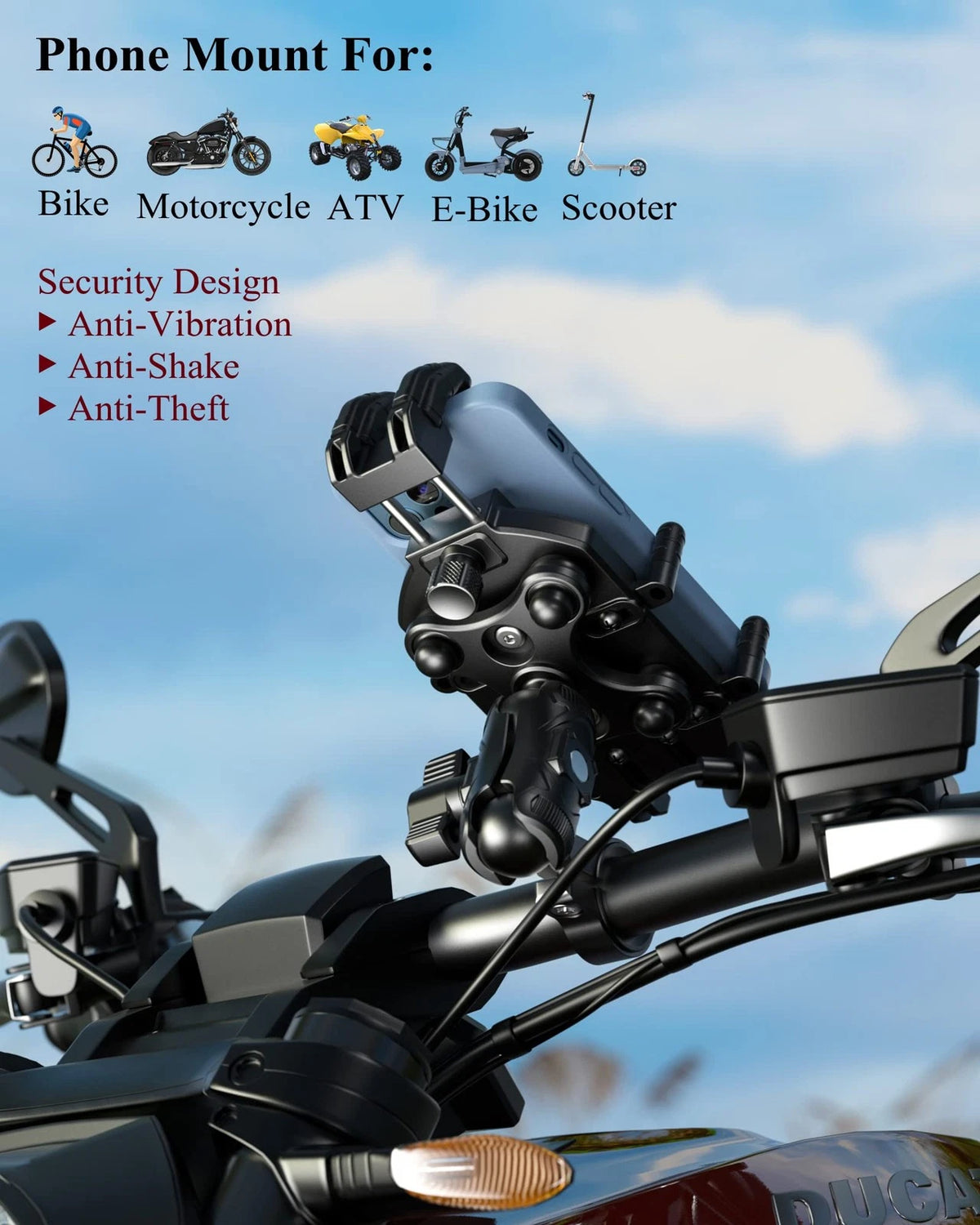 Anti-Theft Motorcycle Phone Mount Holder for Universal Fit (Neutral Size)