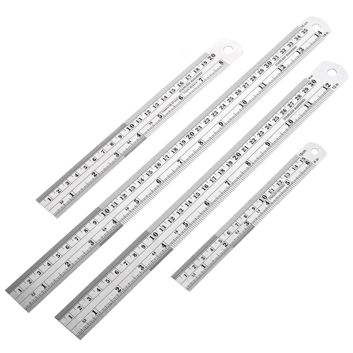 Pack of 4 Metal Rulers - 6, 8, 12, 14-inch Stainless Steel