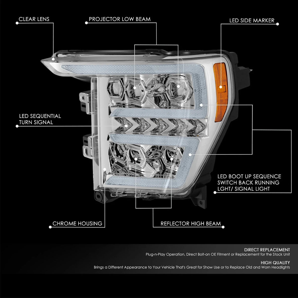 LED Sequential Chasing Projector Chrome Amber Headlights for Ford F-150 (2021–2023)