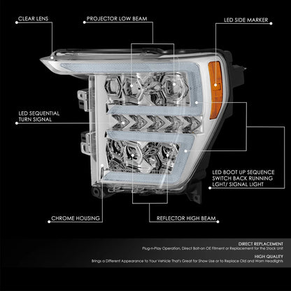 LED Sequential Chasing Projector Chrome Amber Headlights for Ford F-150 (2021–2023)