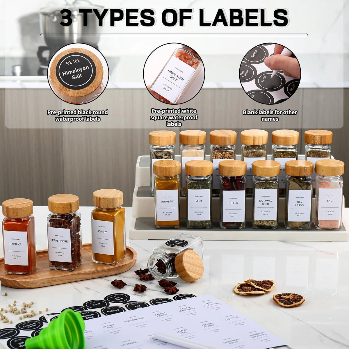 Set of 4 Spice Jars with Labels - 1.65" x 4.33", Clear