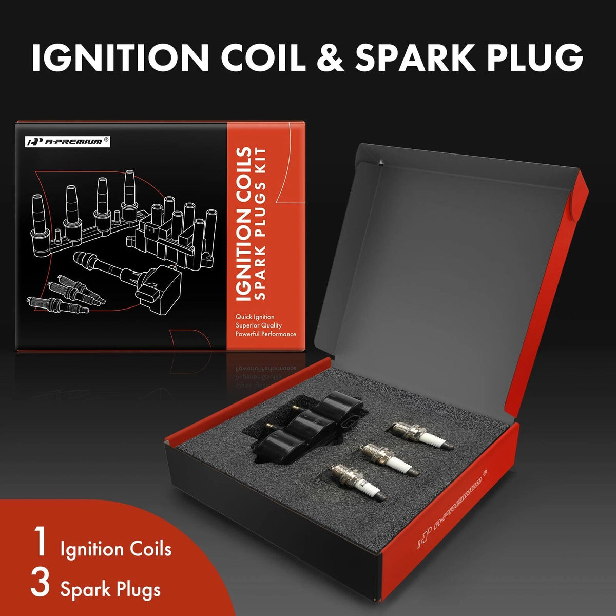 A-Premium Ignition Coil & 3X Iridium Spark Plugs for Chevrolet Spark (2013–2022)