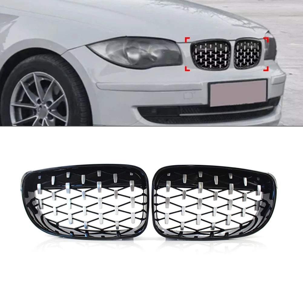 Set of 2 Chrome Black Diamond Front Kidney Grills for BMW 1 Series (E81 E82 E87 E88)