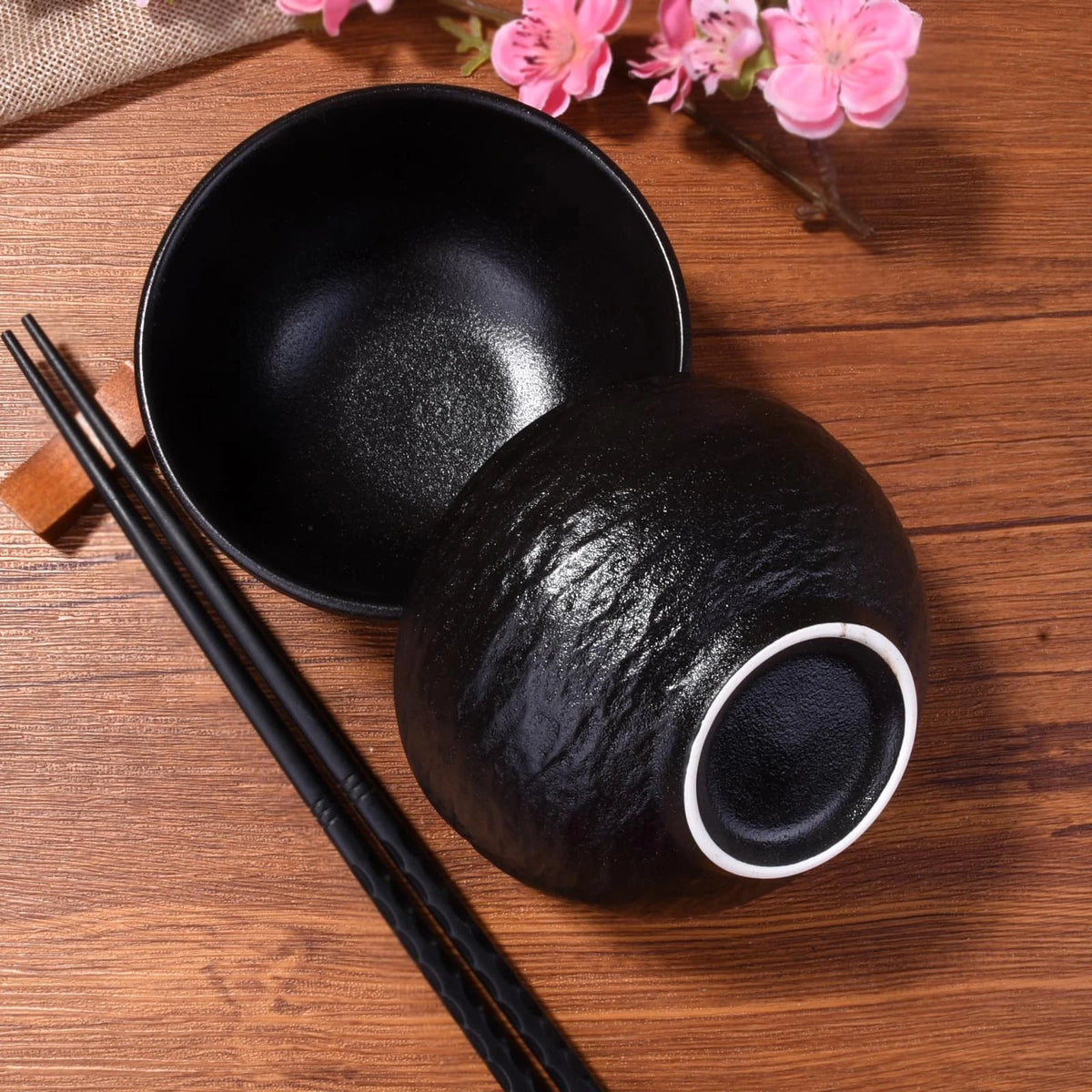 Set of 4 Ceramic Rice Bowls for Japanese Sushi (4.5 Inch, Black)