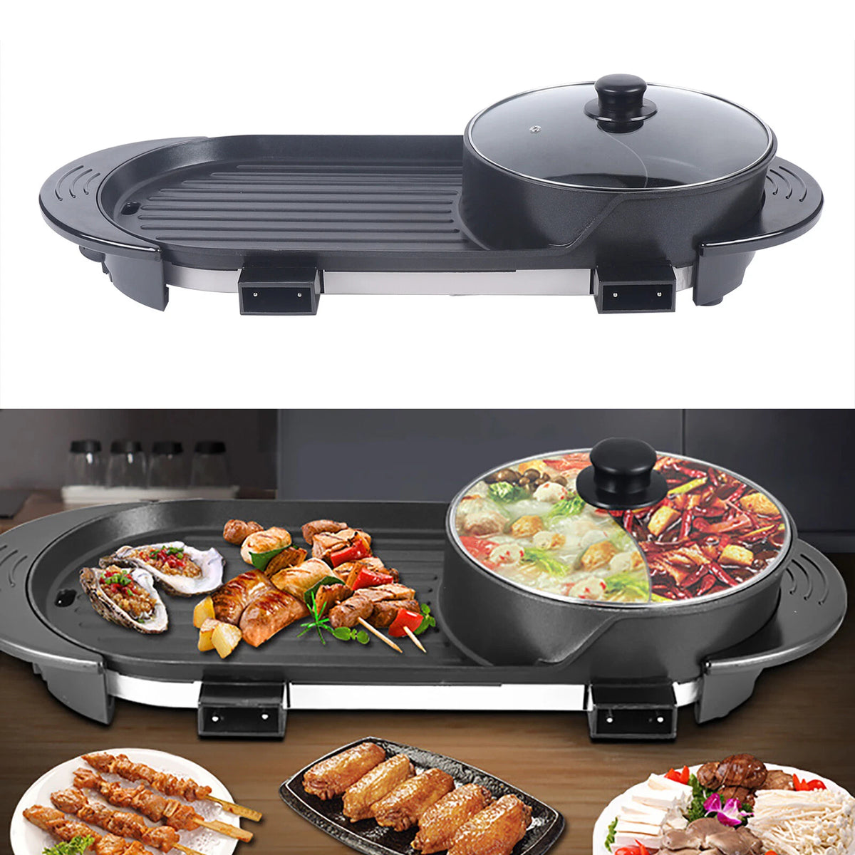 2 In 1 Hot Pot Barbecue Grill Portable Electric Teppanyaki Pan