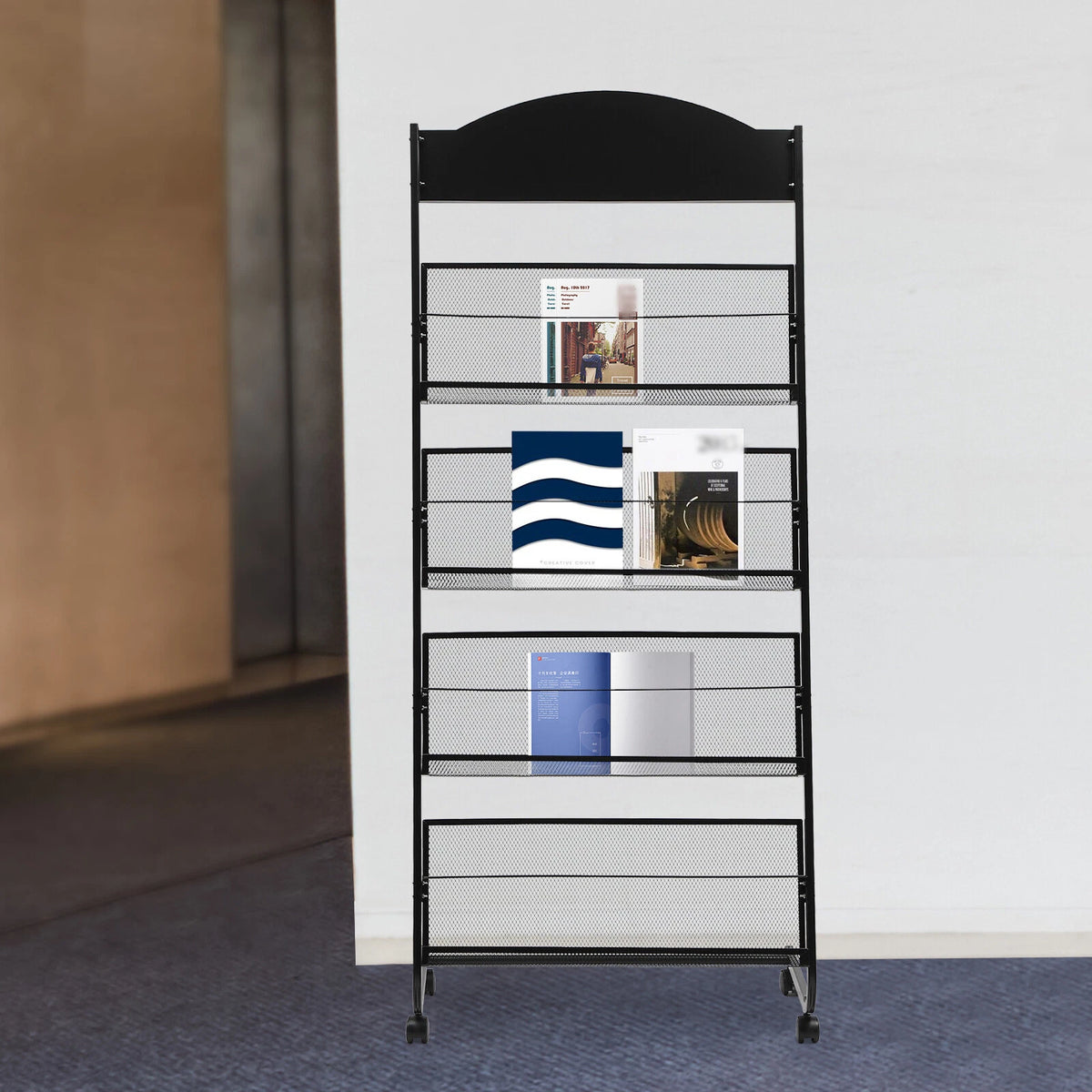 4-Tier Metal Wheeled Magazine Rack for Storage Display Stand