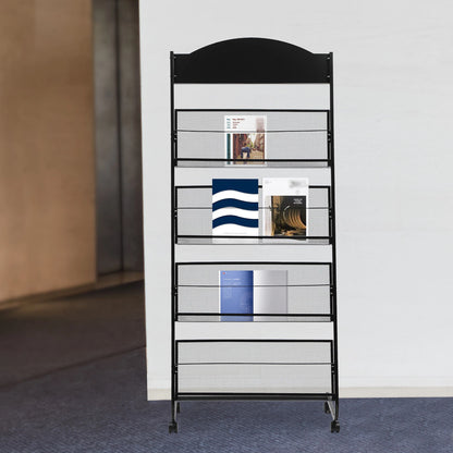 4-Tier Metal Wheeled Magazine Rack for Storage Display Stand
