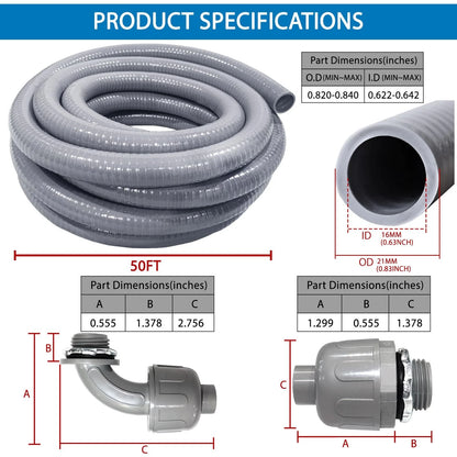 Set of 8 Connectors for Liquid-Tight Conduit 1/2IN (50 ft)
