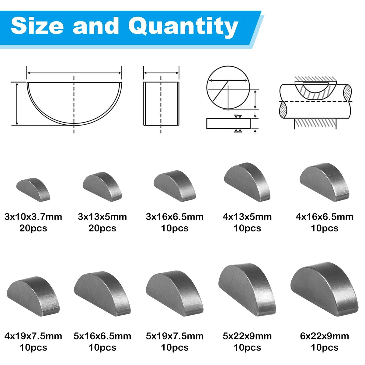 120pcs Woodruff Key Assortment Kit for Various Applications (BM2506N0501XY-FBA)