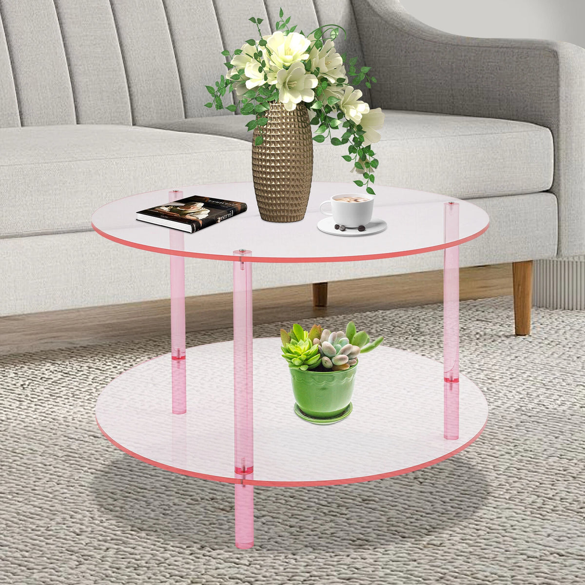 2-Tier Round Acrylic Coffee Table for Modern Living Room