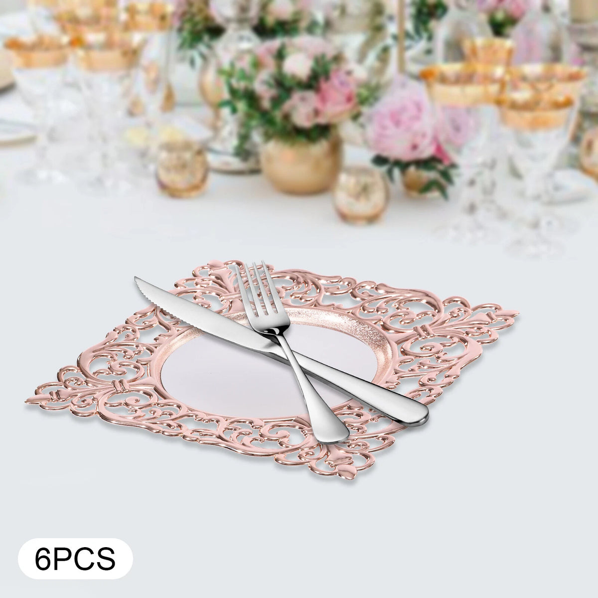Set of 6 Square Plastic Charger Plates with Embossed Rims for Wedding