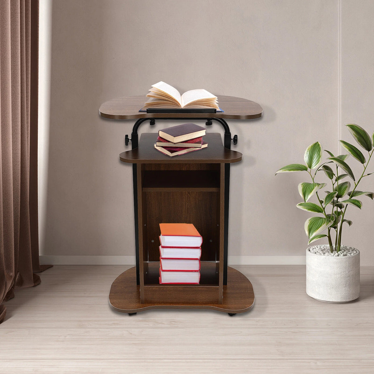 Height Adjustable Portable Wood Podium Stand with Storage Shelf