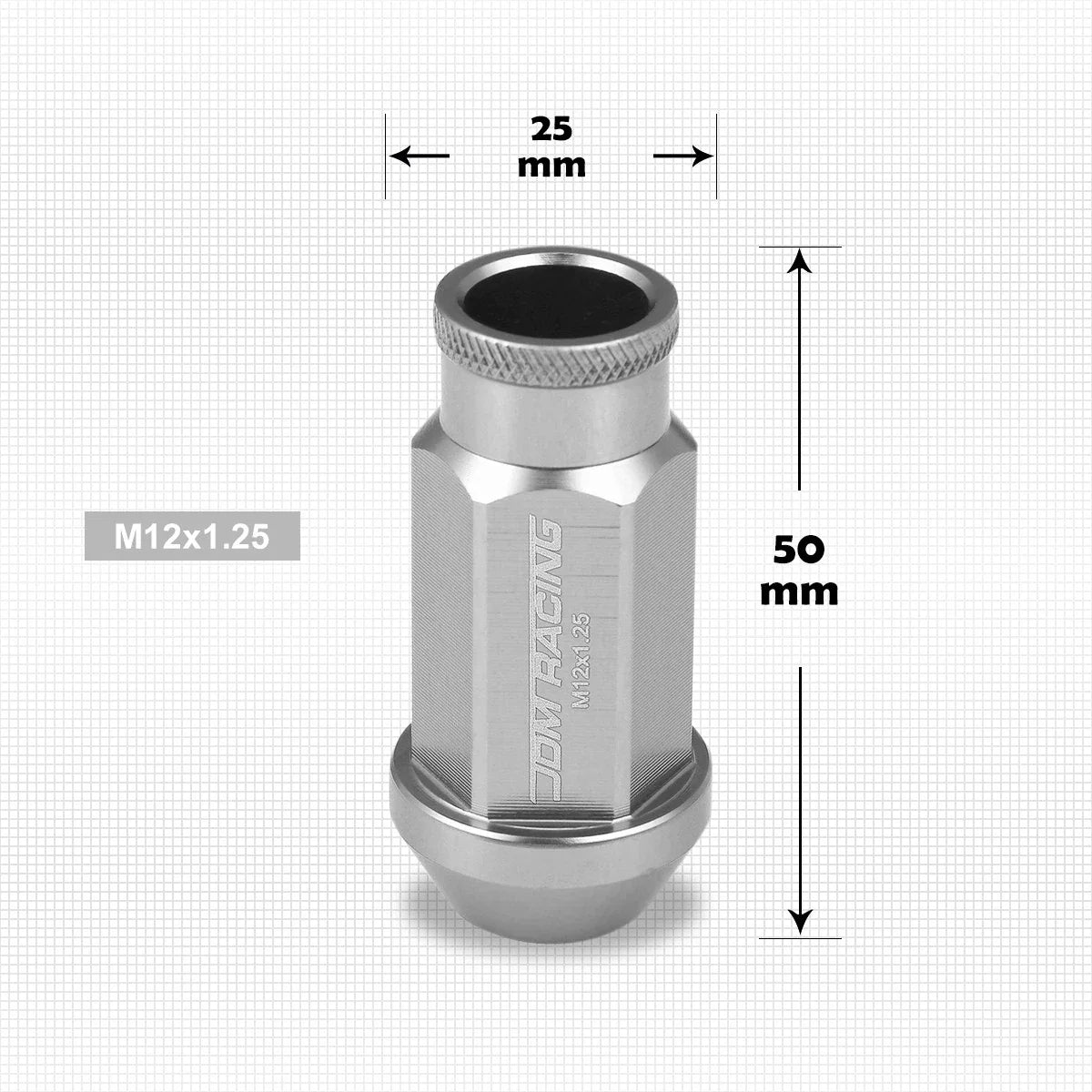 20Pc M12X1.25 Silver JDM Open-End Acorn Hex Wheel Lug Nuts + Extension 25mmx50mm