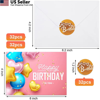 32 PCS Happy Birthday Cards with Envelopes (4x6)