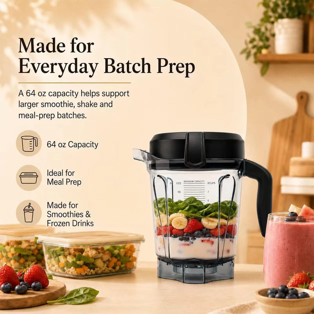 64oz Low-Profile Blender Pitcher for 750, 5200, 5000, 6300, 7500