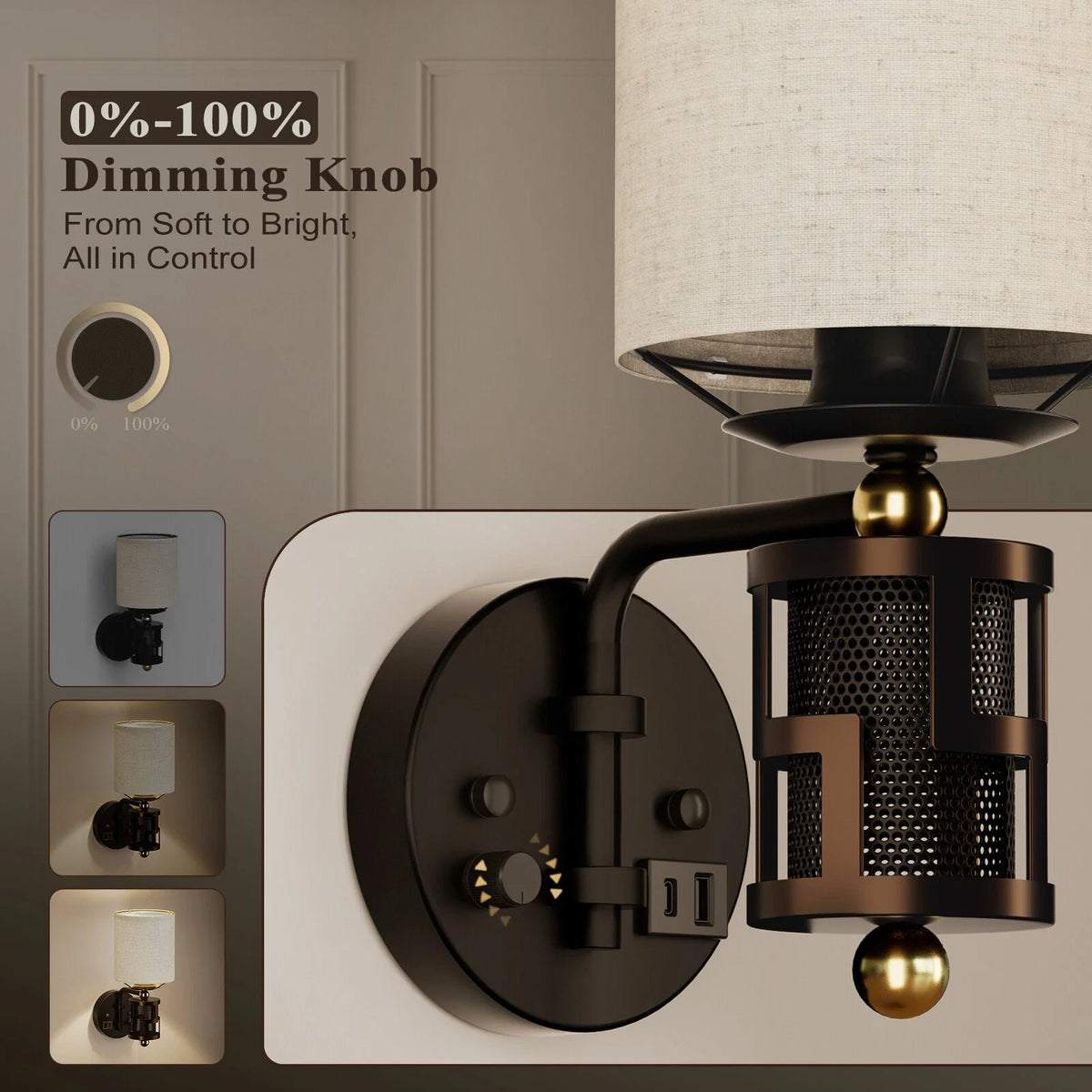 Dimmable Wall Sconce for HYMELA Vintage Bedside Lamp (Charge Port, Bronze)