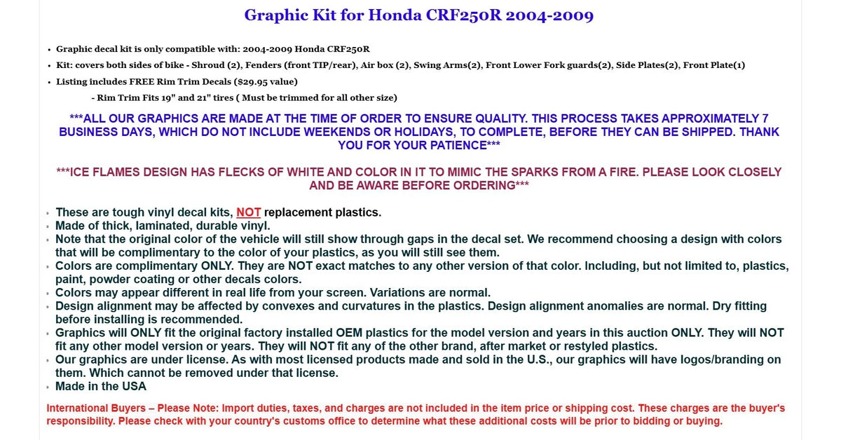 Graphic Stickers +#PLT/RIM Decals for Honda CRF250R (2004–2009) Flames G
