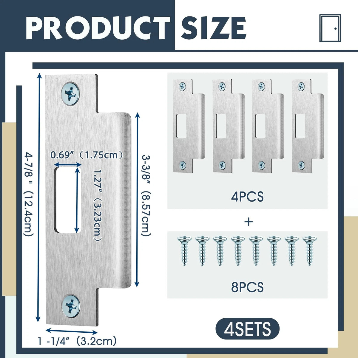 Set of 4 Deadbolt Strike Plates for Universal Use (4 7/8 x 3 3/8 x 1 1/4 Inch)