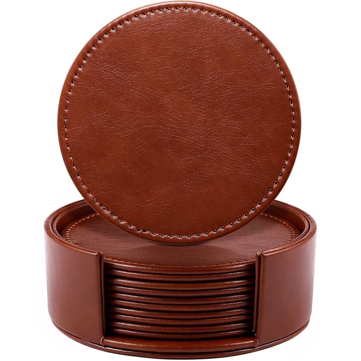 Set of 4 Leather Coasters for Drinks - Brown