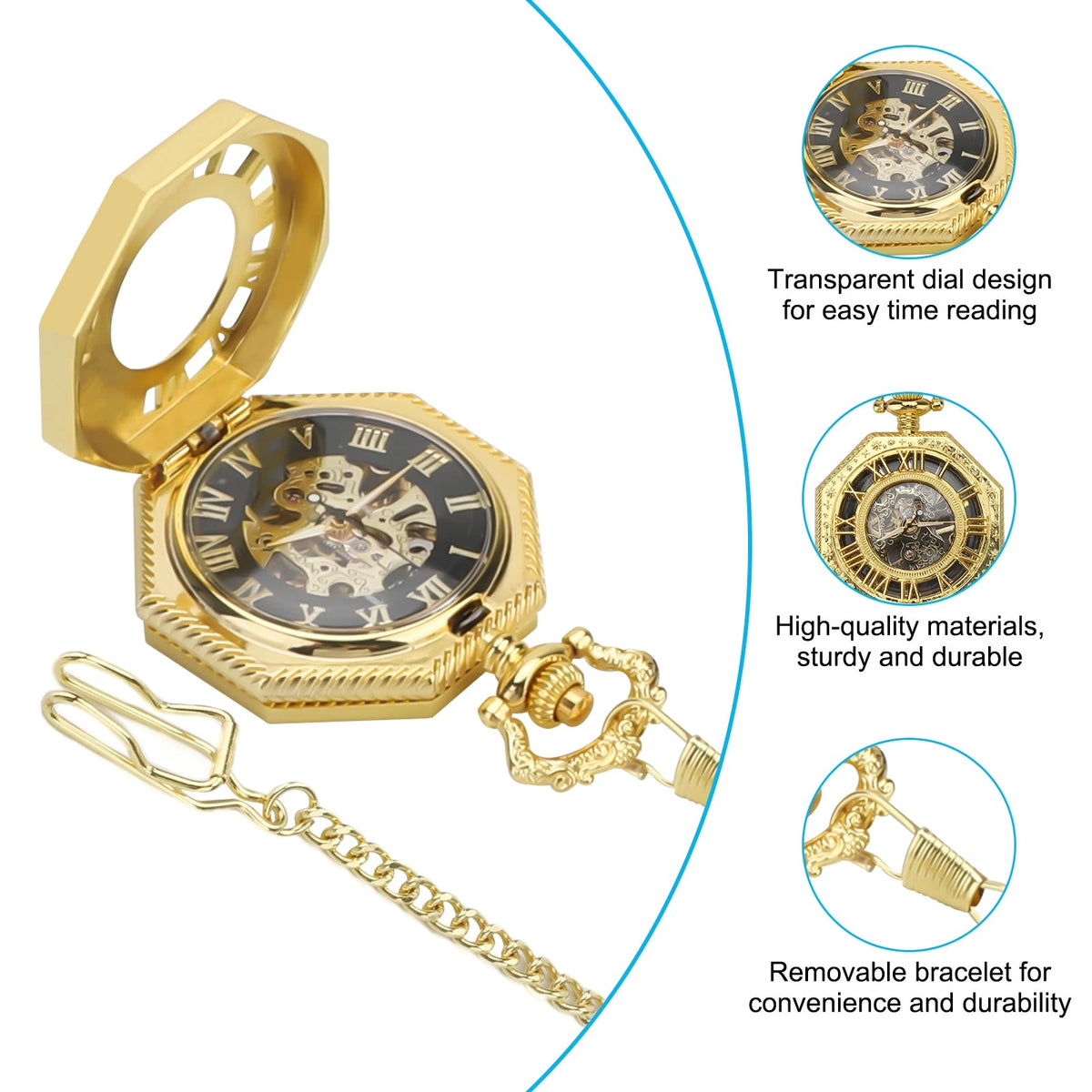 Vintage Men's Octagonal Mechanical Pocket Watch with Necklace Chain