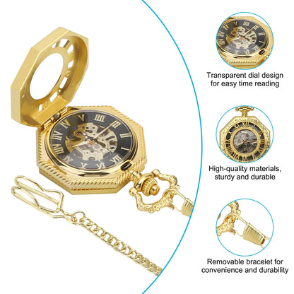 Vintage Men's Octagonal Mechanical Pocket Watch with Necklace Chain
