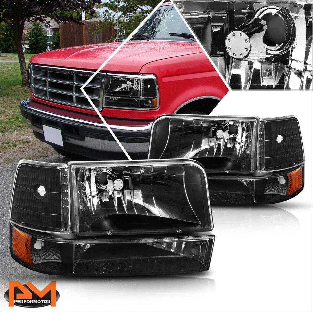 Black Housing Headlight Amber Corner Signal Lamps for Ford F150/F250/F350 (1992–1996)