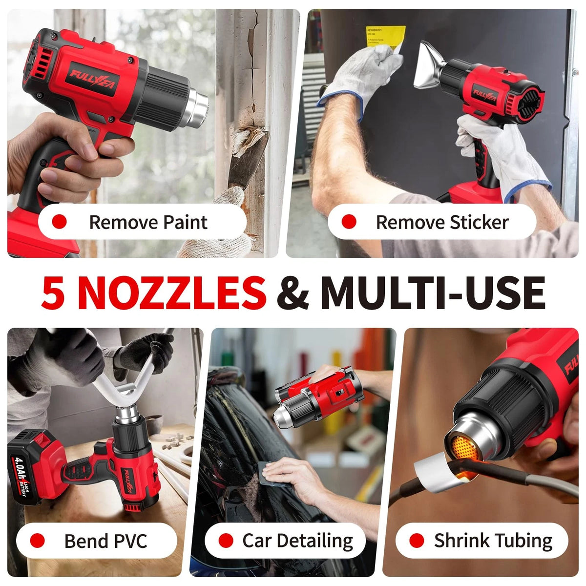 Cordless Heat Gun Kit with 5 Nozzles for Automotive Use (Max 550°C)