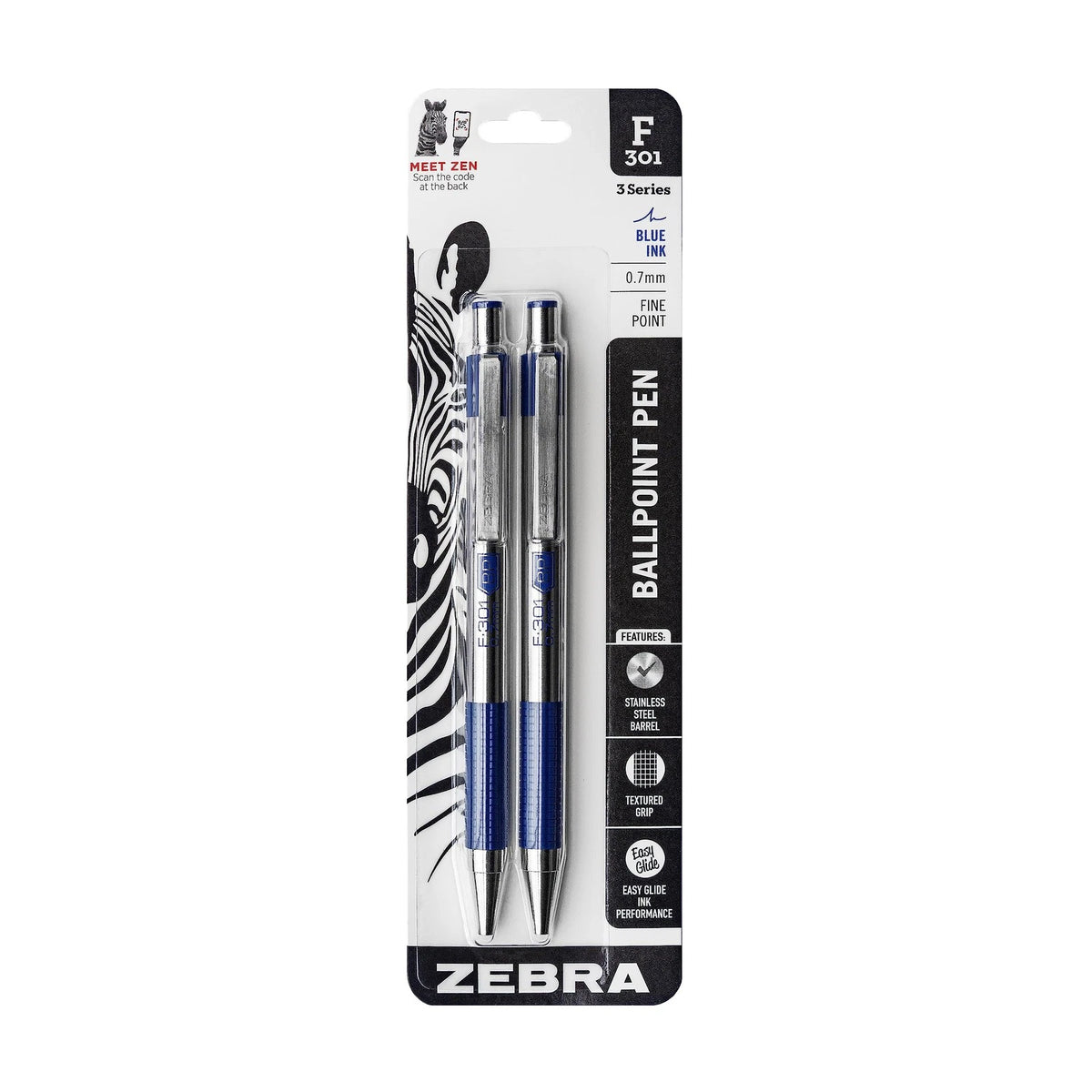 2X Zebra Pen F-301 Ballpoint Blue Ink Fine Point 0.7mm